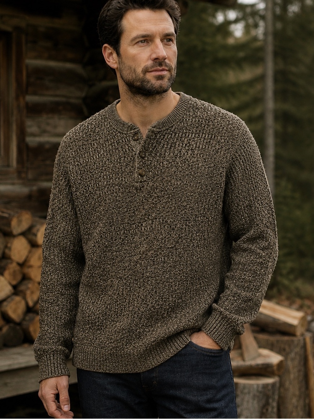David Taylor Men’s L Marled Henley Sweater Heritage Cabin Core NWOT